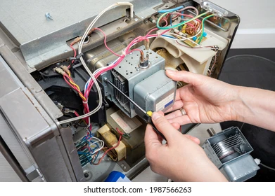 Reparación interna de microondas con componentes electrónicos en Santa Fe